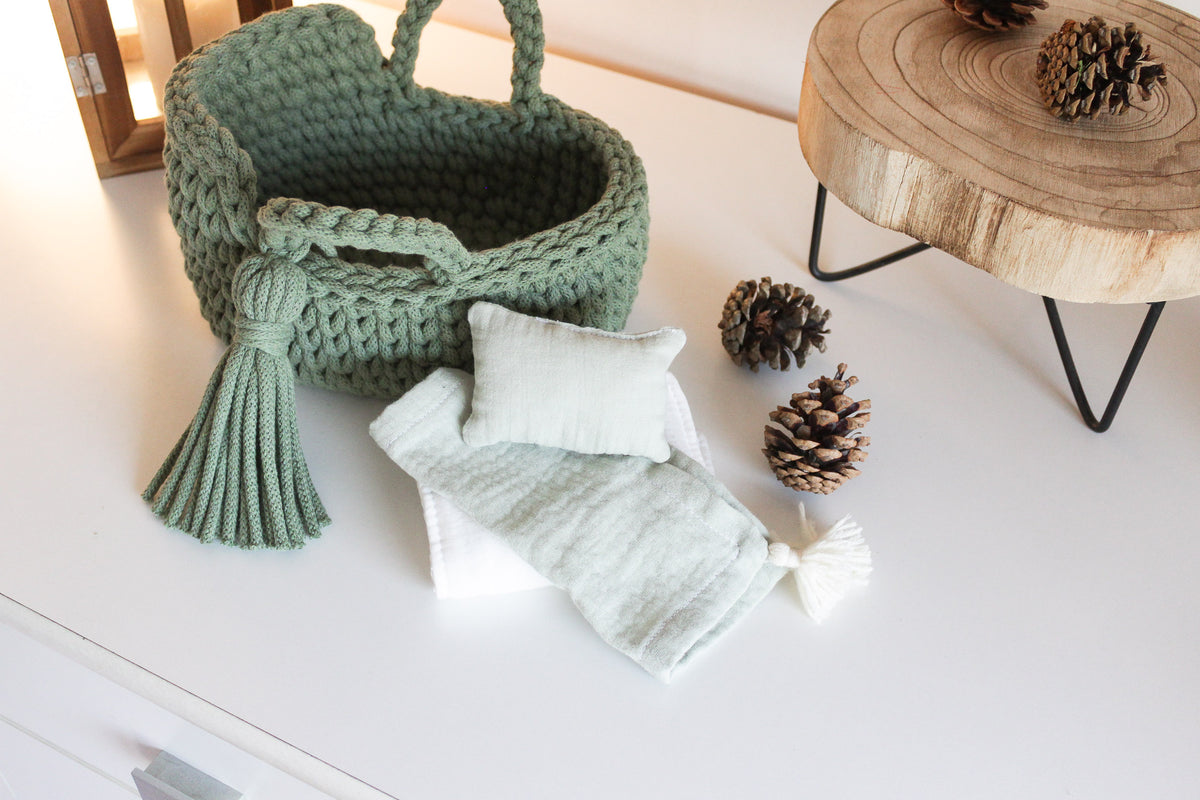 22cm MINI DOLL MOSES BASKET | EUCALYPTUS GREEN